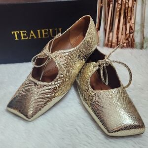 TEAIEUI Snakeskin Gold Square Toe Flats